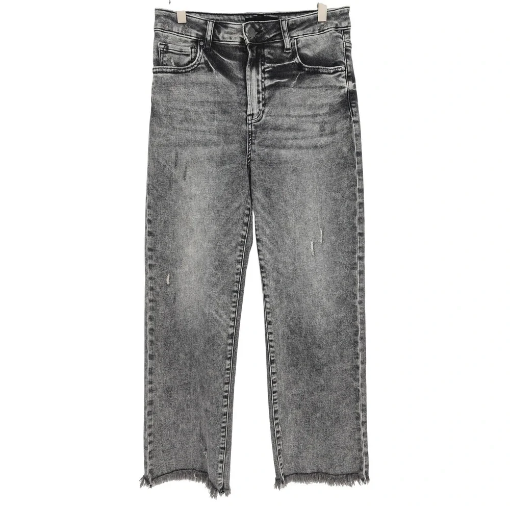Risen‎ Jeans Straight Leg Women 7/28 Black Acid Wash High Rise Frayed Hem Edgy